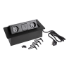 Kippsteckdose mit 2 230V-Anschlüssen und USB-Ladung Typ A und Typ C in schwarz mit bis zu 2 Metern Kabel. Die Steckdose hat einen Schuko-Stecker Typ F.