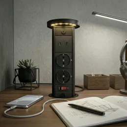 Ausziehbare Steckdose LEGIA SCHUKO 2x230V + USB A-C + Licht / Schwarz matt