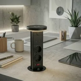 Ausziehbare Steckdose LEGIA SCHUKO 2x230V + USB A-C + Licht / Schwarz matt