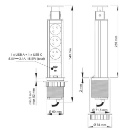 Ausziehbare elektrische Steckdose ASTRA FRENCH 3x230V + 2x USB-Ladung / Weiß