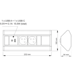 Innen-Steckdosenleiste CORNER FRENCH 2x 230V +2x USB / Schwarz - Edelstahl