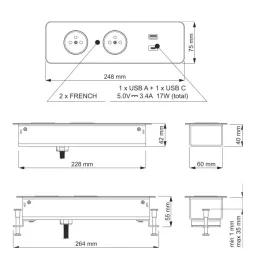 Elektrische Steckdosenleiste EUROBOX 2x230V + 1xUSB C+A FRANZÖSISCH / Schwarz matt
