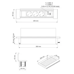 SLIM BOX SCHUKO 3-fach Steckdosenleiste für den Innenbereich 230V + USB / Edelstahl