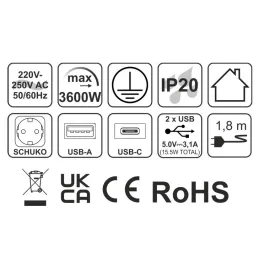 SLIM BOX SCHUKO 3-fach Steckdosenleiste für den Innenbereich 230V + USB / Edelstahl