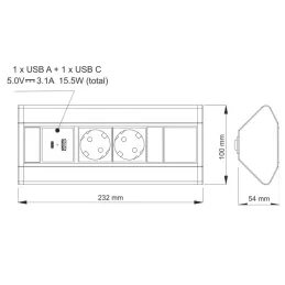 Innen-Steckdosenleiste CORNER SCHUKO 2x 230V + USB A-C / Schwarz matt