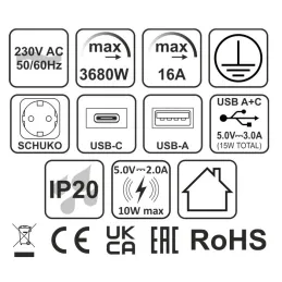 Automatische ausfahrbare elektrische Steckdose ASTRA SCHUKO 3x230V + 2xUSB A-C / Schwarz
