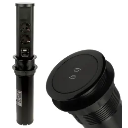 Ausziehbare Steckdose AVION SCHUKO 2x230V + USB A-C und induktives Laden / Schwarz matt