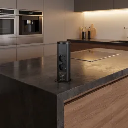 Ausziehbare Steckdose AVION SCHUKO 2x230V + USB A-C und induktives Laden / Schwarz matt