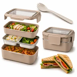 Edelstahl-Brotdose mit Besteck MY BOX / Beige