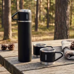 Design-Thermosflasche mit 3 Bechern 400 ml / Schwarz matt