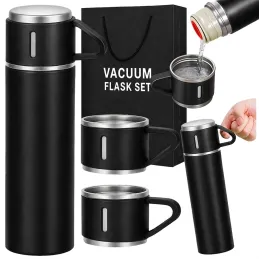 Design-Thermosflasche mit 3 Bechern 400 ml / Schwarz matt