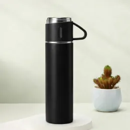 Design-Thermosflasche mit 3 Bechern 400 ml / Schwarz matt