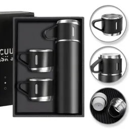 Design-Thermosflasche mit 3 Bechern 400 ml / Schwarz matt