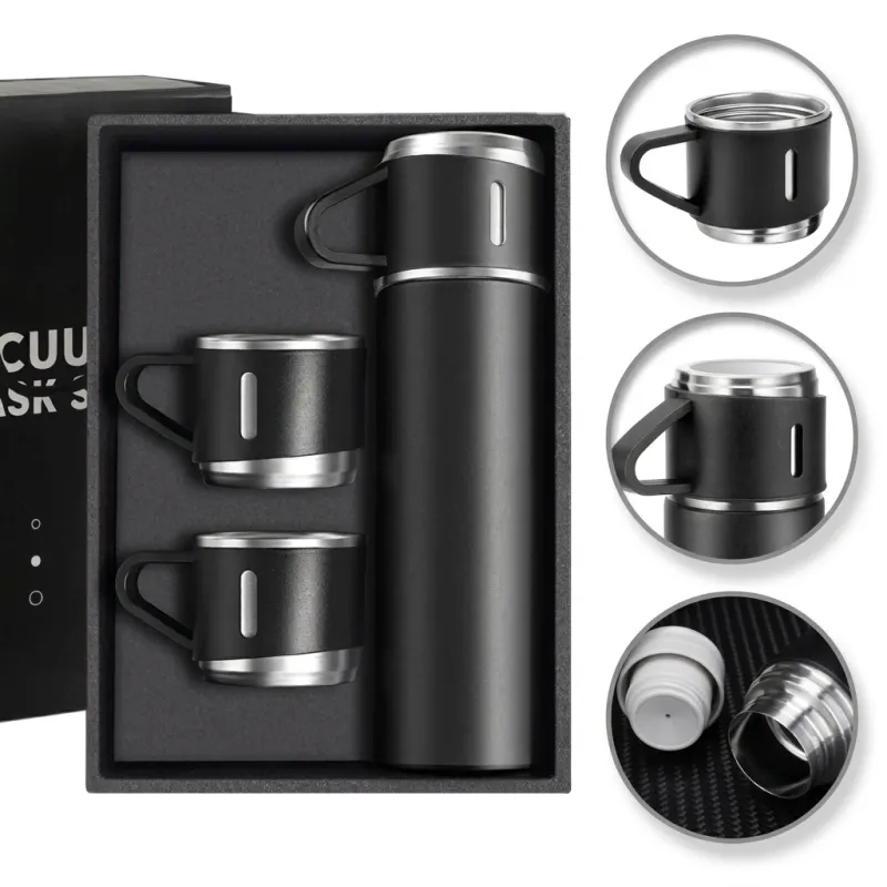 Design-Thermosflasche mit 3 Bechern 400 ml / Schwarz matt