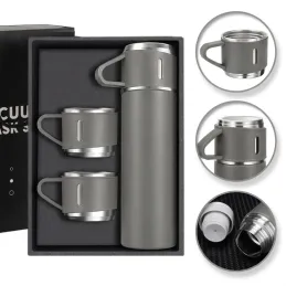 Design-Thermosflasche mit 3 Bechern 400 ml / Grau