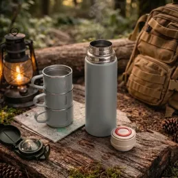 Design-Thermosflasche mit 3 Bechern 400 ml / Grau