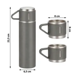 Design-Thermosflasche mit 3 Bechern 400 ml / Grau